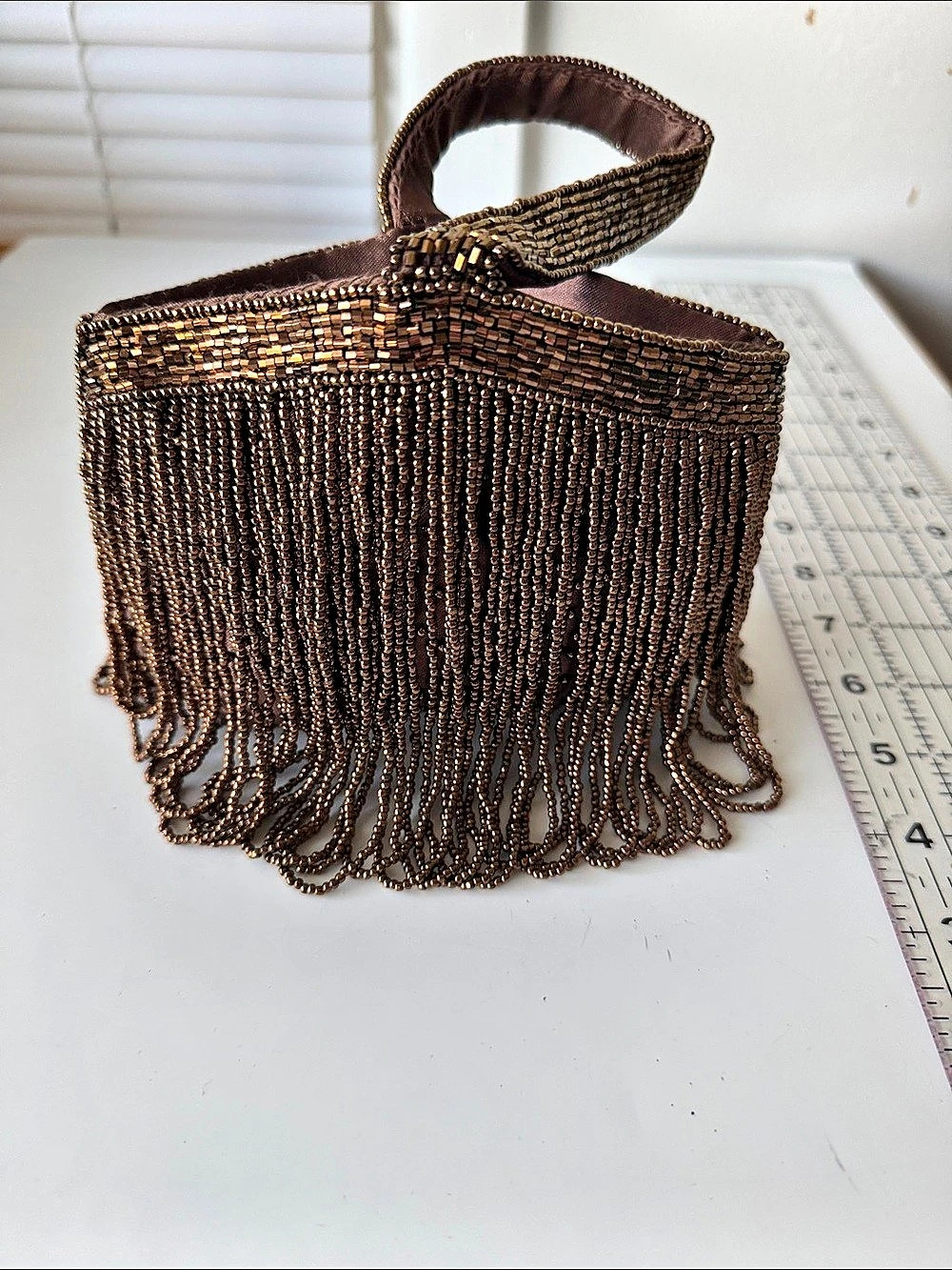 Vintage Beaded Fringe Wristlet in Brown & Gold Like New